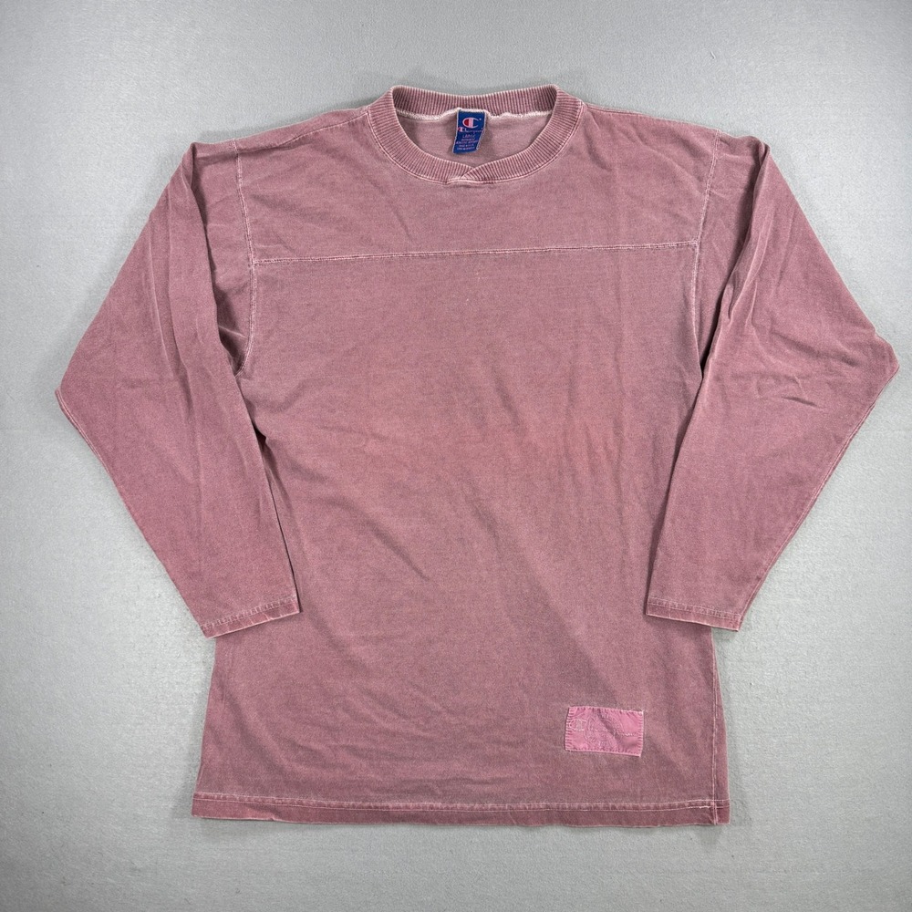 Vintage Champion T-Shirt Mens Large Pink Long Sleeve Made in USA Faded Football